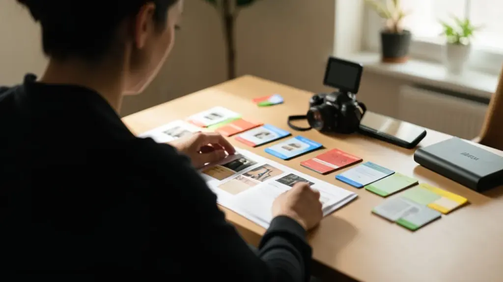 Over-shoulder view of person browsing prints, camera and hard drive on table