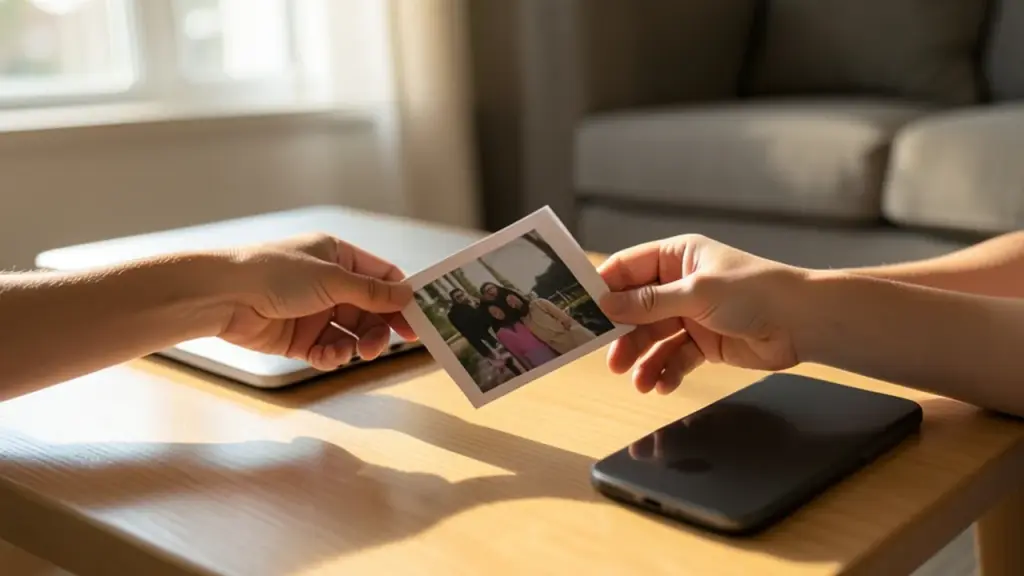 Hands exchanging printed photo over coffee table with closed laptop and phone