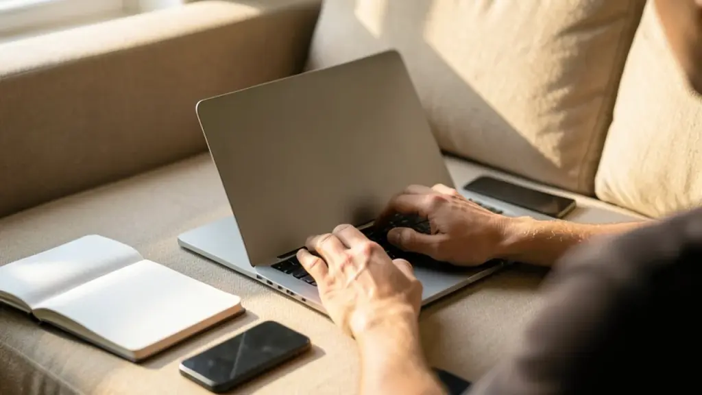 Over-the-shoulder view of hands closing laptop on couch, notebook and phone nearby