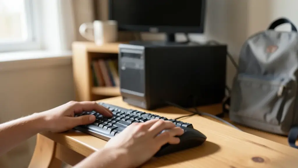 Hands using keyboard with small PC tower on shelf in a family living-room scene