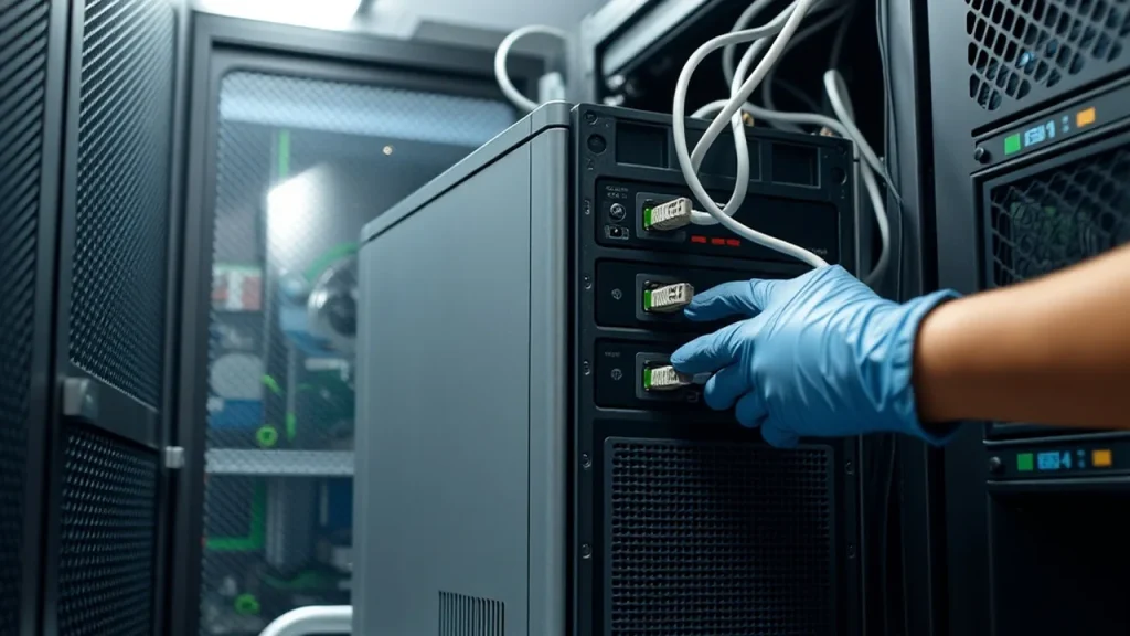 Hands removing an old server unit from a rack