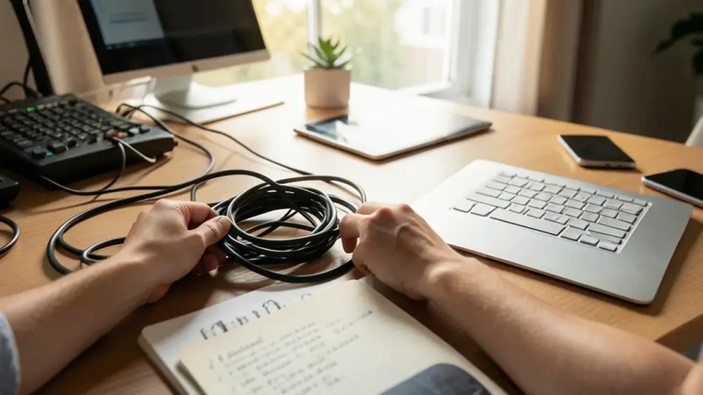 Everyday use of Phone Link at a desk with devices.