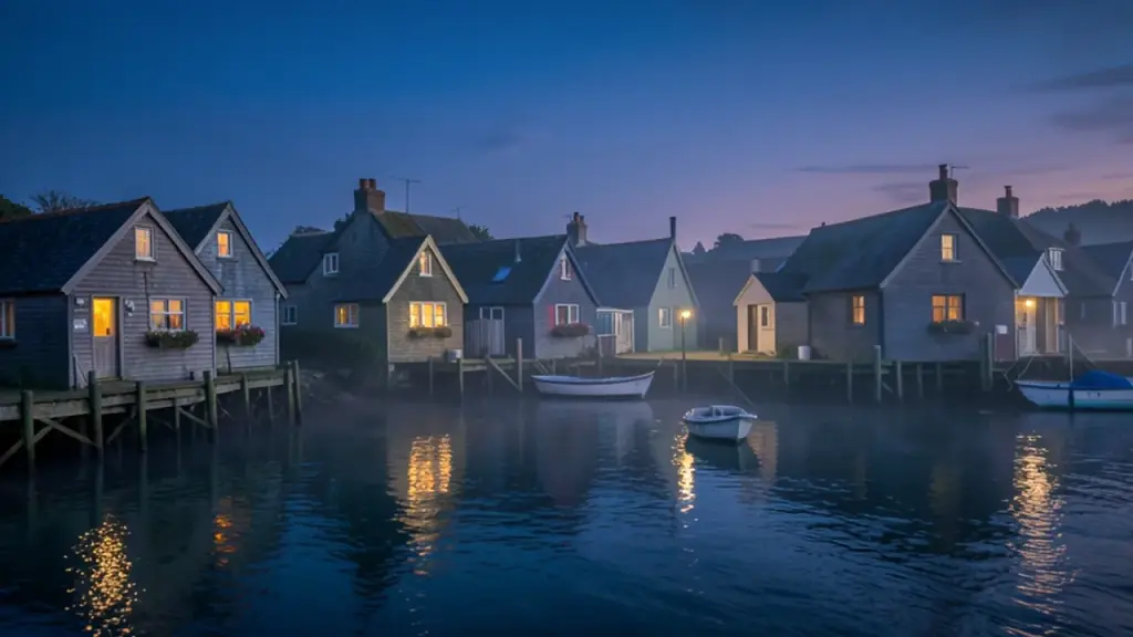 A small seaside town at dusk with warm lights in cottage windows