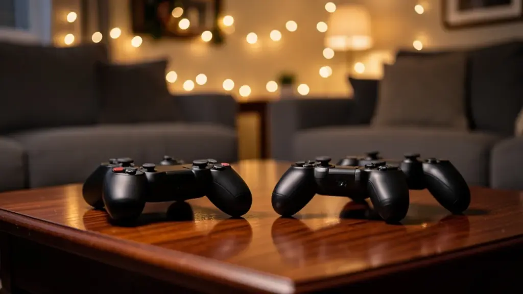Four game controllers on a coffee table in a cozy living room