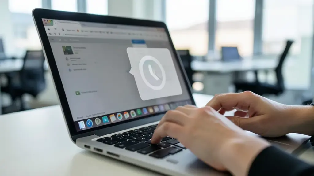 Hands typing on laptop with a security block overlay in a bright office setting.