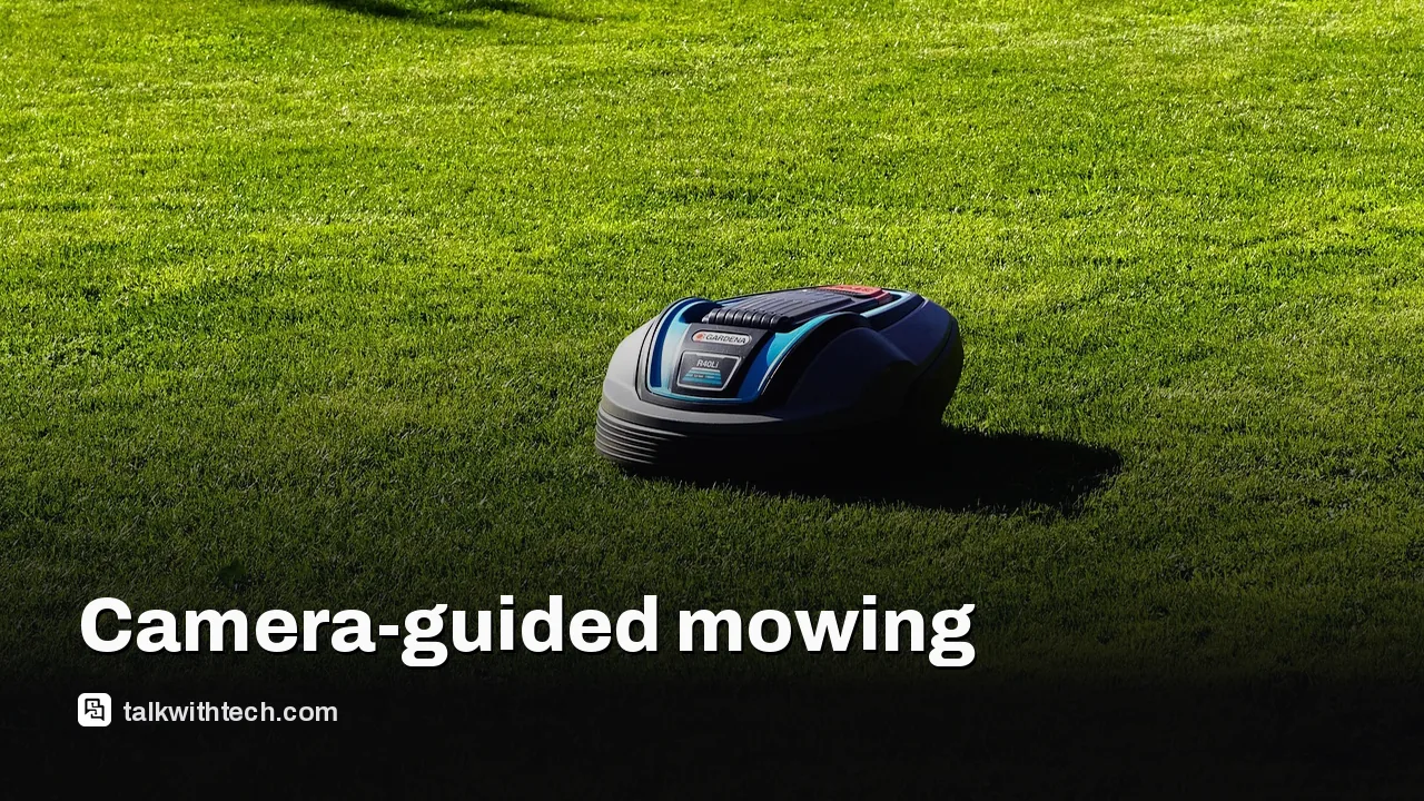 A robotic lawn mower in a backyard, with camera housing visible on top