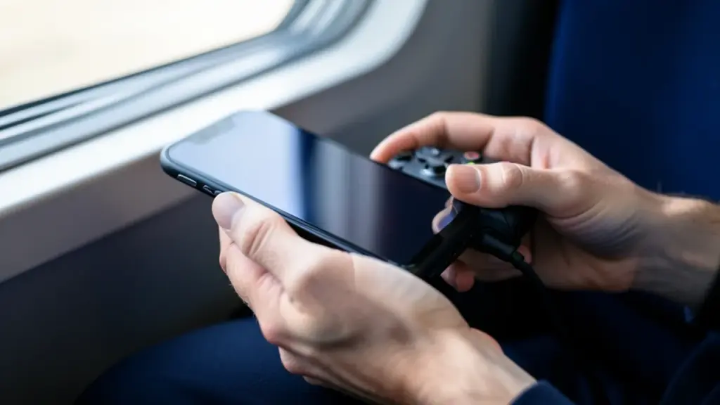 Hands holding a controller with a phone clipped on, on a train
