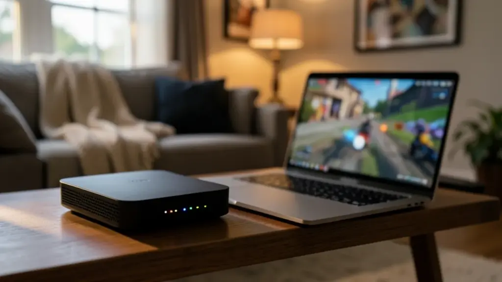Wi-Fi router on a shelf beside a laptop streaming a game