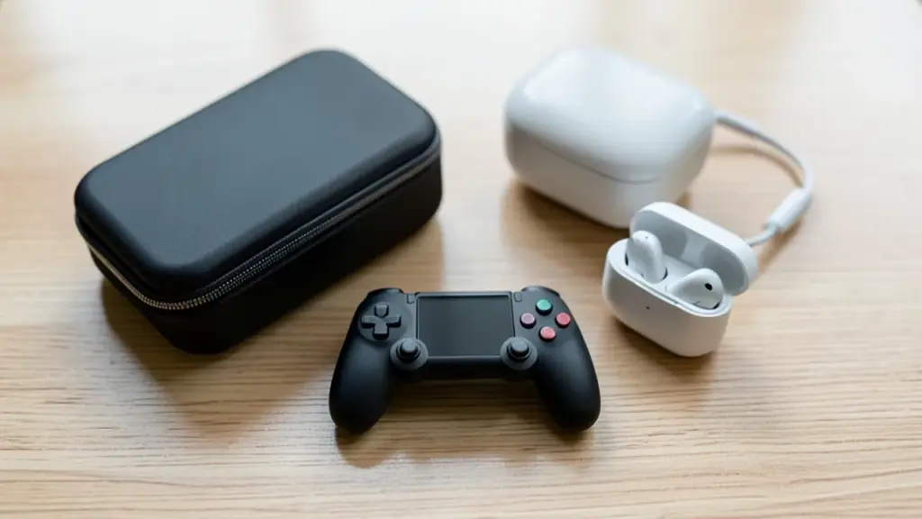 Tiny full-layout controller beside travel case and earbuds on coffee table, overhead