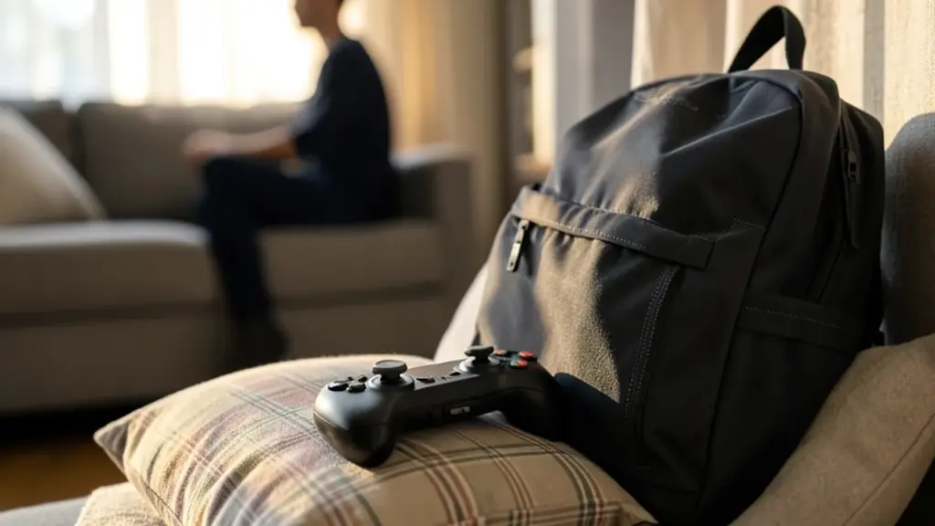 Compact controller on pillow next to backpack in a small living-room corner