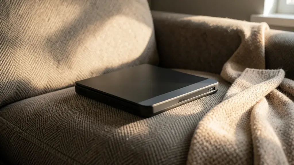 Handheld gaming device resting on a couch cushion