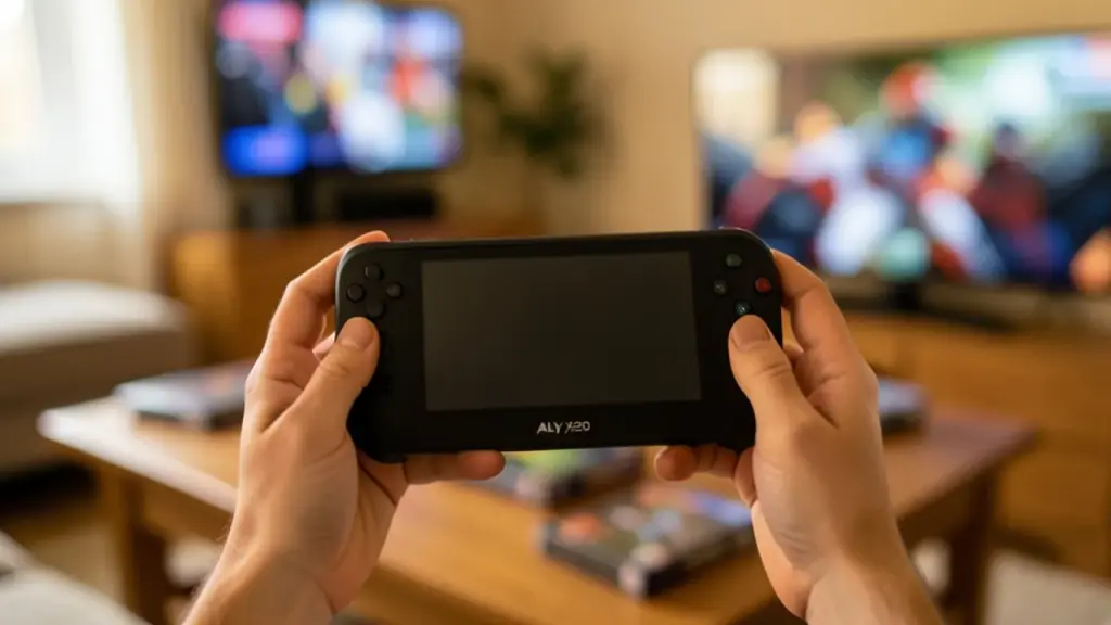 Close-up of hands with portable console, screen off.