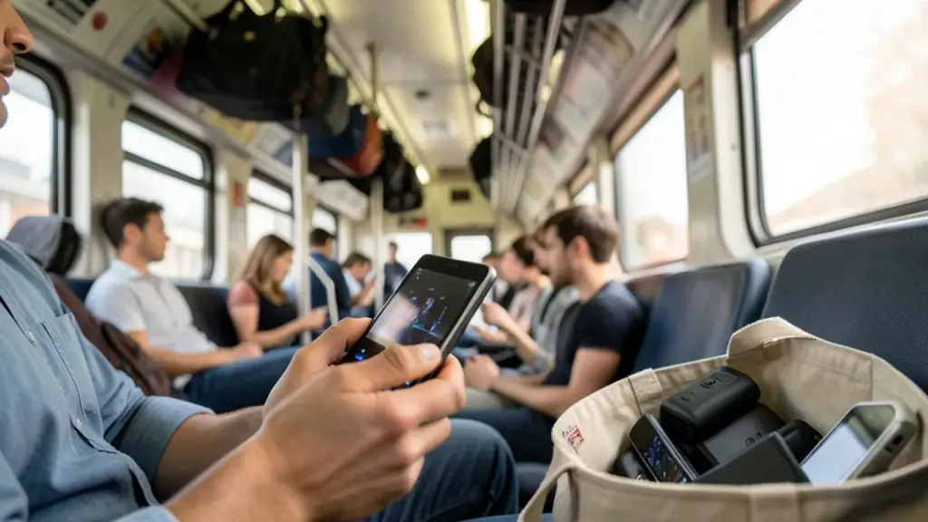 Person on train with portable game device in hand.