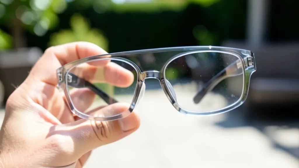 Hand picking up AR glasses outdoors in bright sunlight