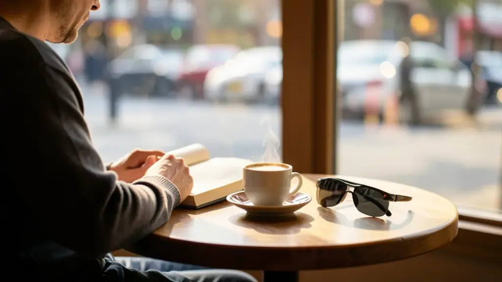 AR glasses on cafe table next to coffee and notebook, implying comfort and outdoor visibility