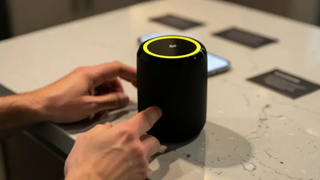 Hands reaching toward Echo with yellow notification ring, kitchen setting.