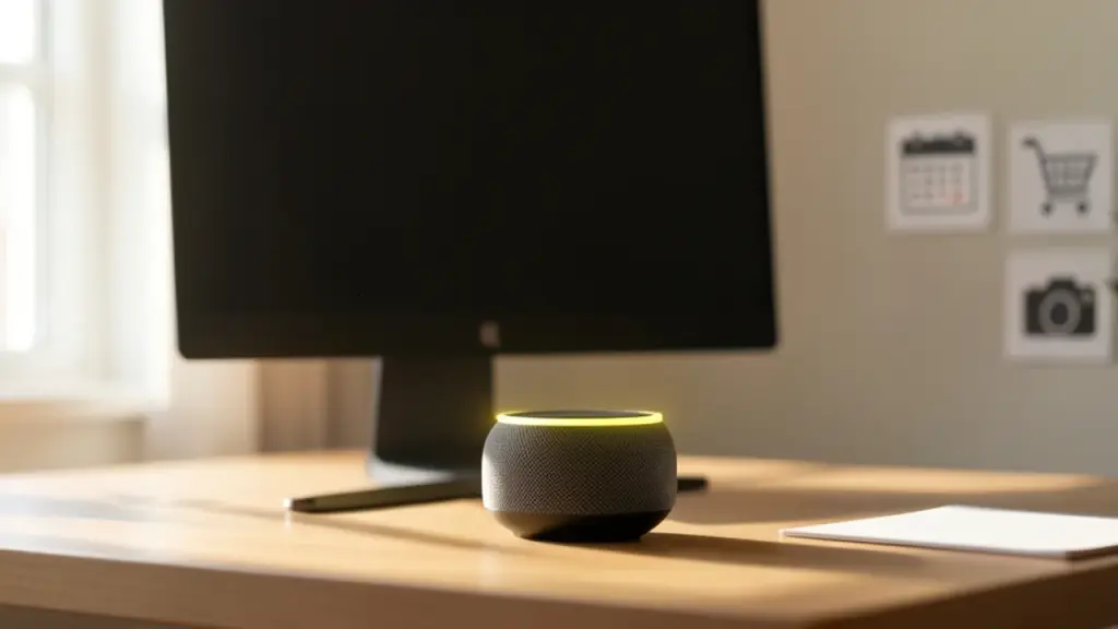 Home office setup with Echo showing yellow notification ring indicating alerts.