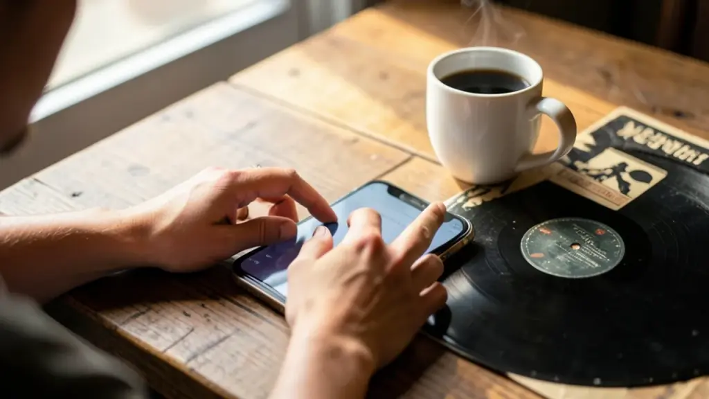 Hands reaching to phone next to vinyl sleeve and coffee in cafe
