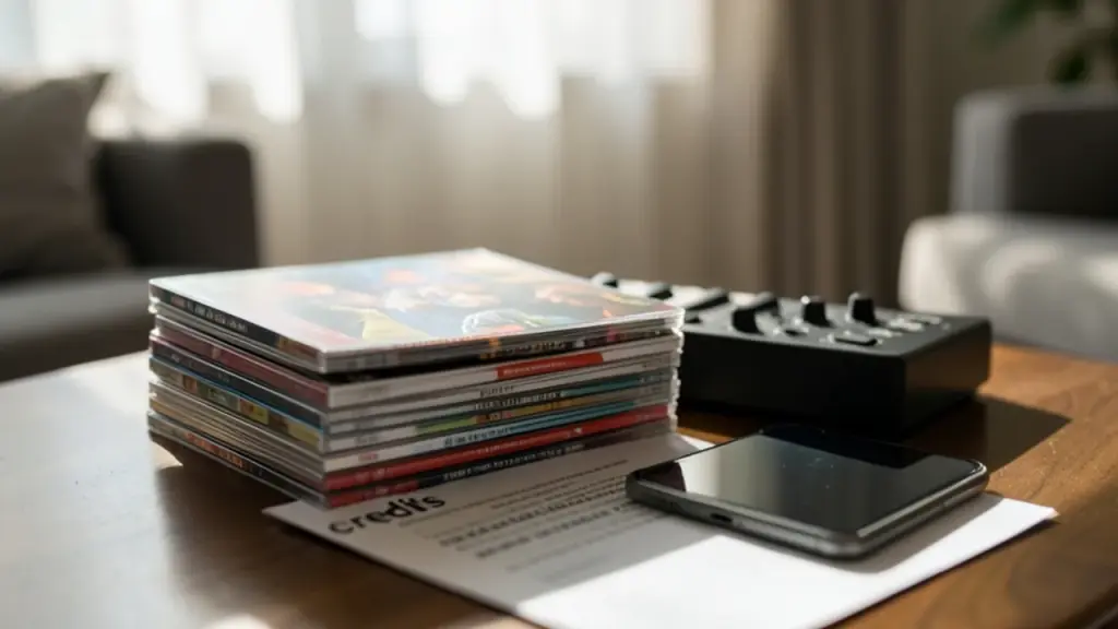 Table with CDs, synth, and smartphone suggesting choice between AI and human music