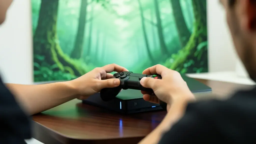 Hands reaching for controller with extra shoulder buttons