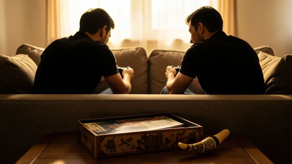 Two people on sofa leaning forward, collector’s box and ocarina on table