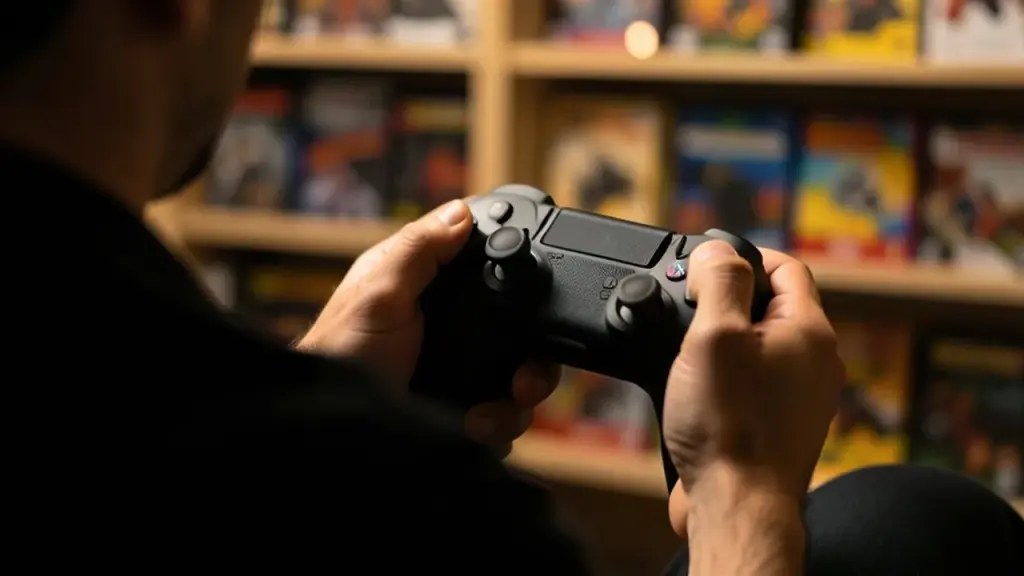 Player hands holding a modern controller from over the shoulder, blurred game shelf behind.