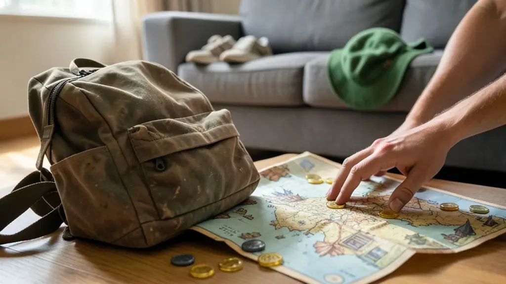 Living-room coffee table with map, rupee-shaped charms, backpack and green hat nearby.