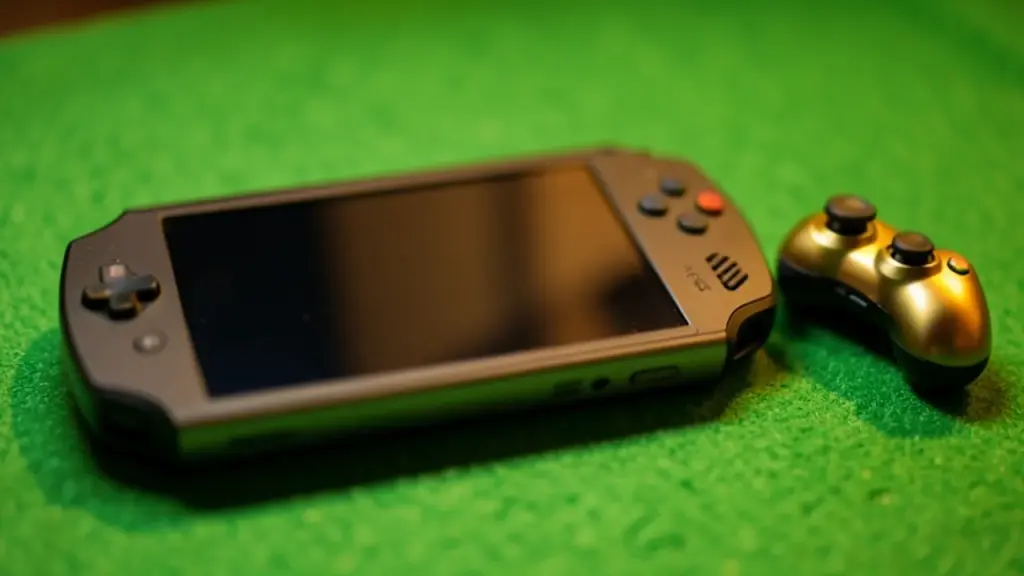 A handheld game console and a gold controller on green felt