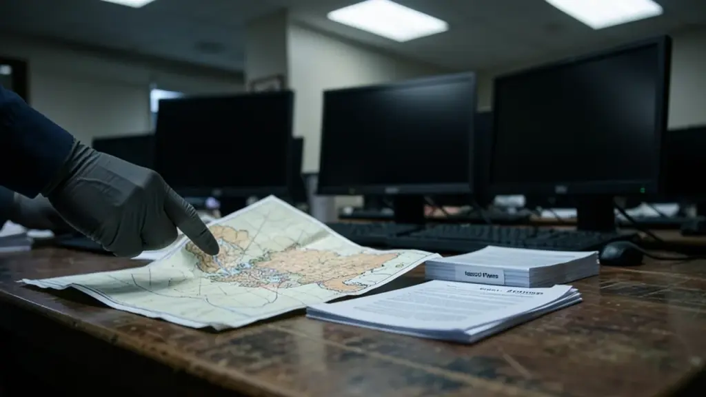 Empty newsroom desk, hands pointing at world map and papers