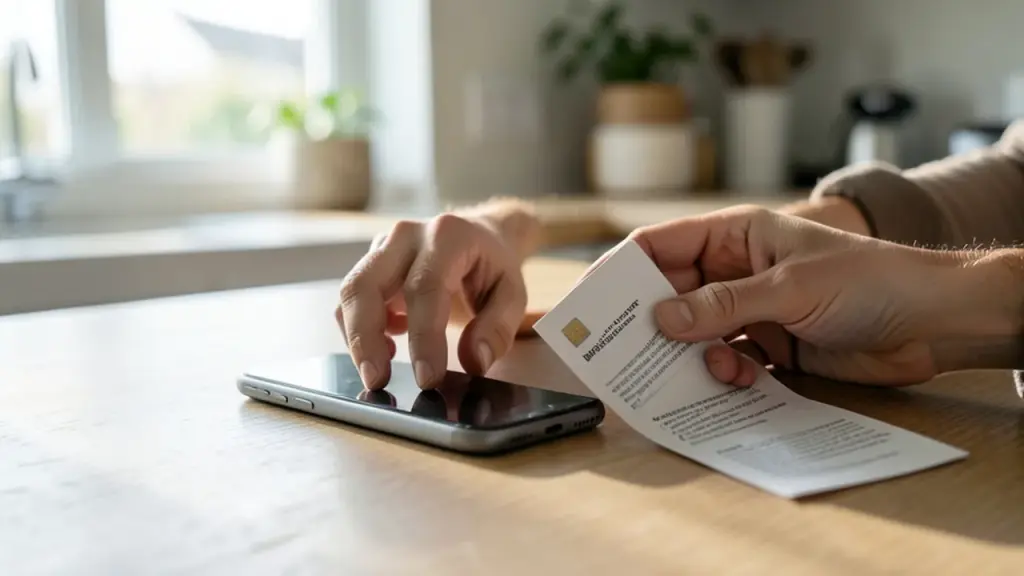Hands adjusting phone and holding ad-blocking instruction card